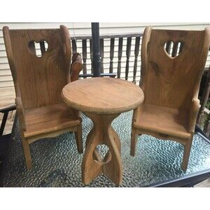 Vintage Handcrafted Wooden Doll Furniture Set – 2 Heart Cutout High-Back Chairs